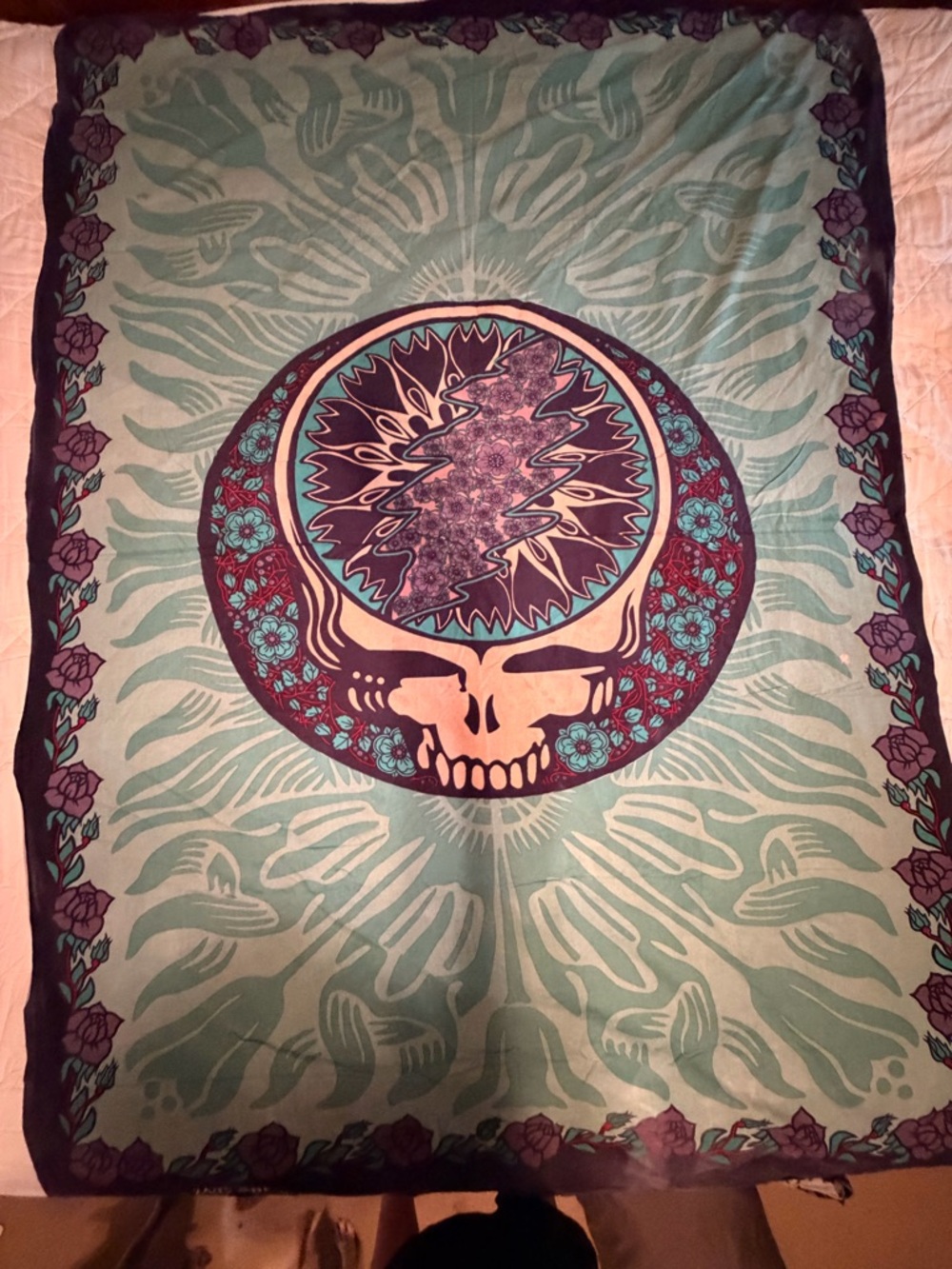 Grateful Dead-Inspired Skull Tapestry in Teal and Purple Vintage